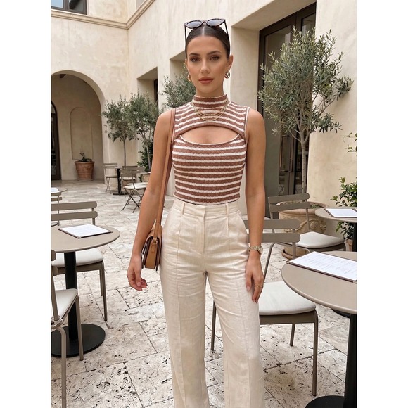 Urban Rose Tops - Urban Rose Brown White Striped Smocked Cutout Mock Neck Bodysuit Small 10891